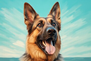 Portrait of a smiling german shepherd in front of pastel teal background