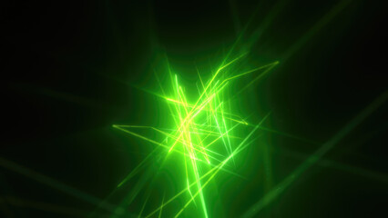 Abstract bright green glowing background with flying neon star lines made of energy particles and light rays