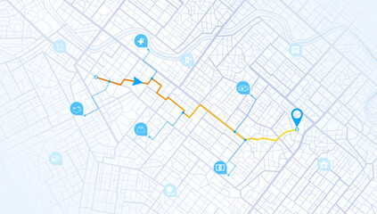 Destinations. Gps tracking map. Track navigation pin on street maps, navigate mapping locate position pin. Isometric abstract map background. Digital art. Editable vector illustration