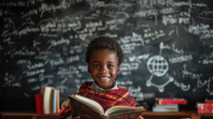 Happy young student reading a book in classroom.
