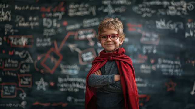 Superboy standing confidently in front of a blackboard.
