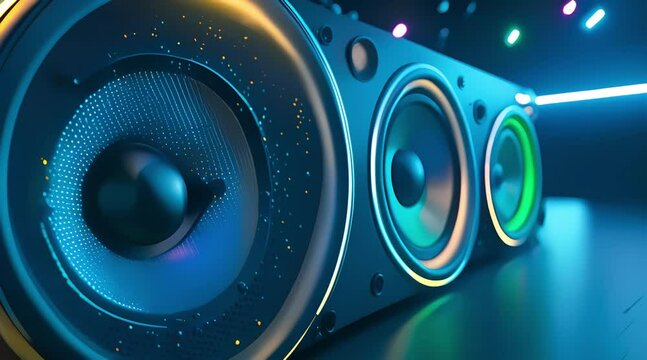 background music, close-up speakers with colorful neon lights, 4k resolution footage, generated ai