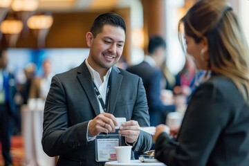 A man in a suit exchanges business cards with a woman during a networking session at a professional conference