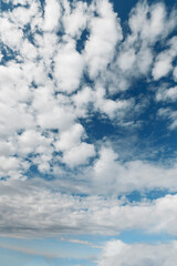 Vertical serene landscape with a vast blue sky filled with fluffy white clouds.