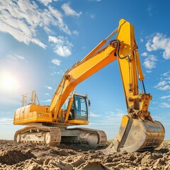 A yellow excavator on a construction site under a blue sky, showcasing heavy machinery and industry. Ideal for industrial, construction, and engineering projects.