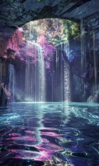 A stunning holographic waterfall cascading into a vibrant digital pool, creating a mesmerizing and futuristic scene