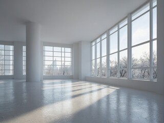 Obraz premium A view of empty sunny white room with nobody in it. Large windows, sunlight and shadows. New minimalistic interior in house terrace office loft. 