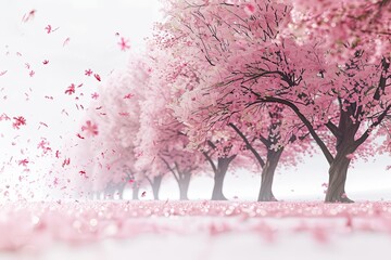 A row of cherry blossom trees in full bloom with art, tree, spring, flower, nature, cherry, blossom, branch, vector, pink, plant, illustration, sakura, leaf, japanese, season, floral, sky, decoration,