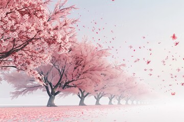 A row of cherry blossom trees in full bloom with flower, spring, branch, nature, vector, cherry, sakura, blossom, pink, leaf, design, illustration, floral, art, japanese, season, plant, decoration, pa