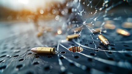 Close-up of bullet shell casings and cracked glass, depicting tension and conflict. High-quality image for security, crime, and action themes.