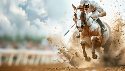 Dynamic action shot of jockey riding a horse at full speed during a thrilling race, with a blurred background highlighting the motion.