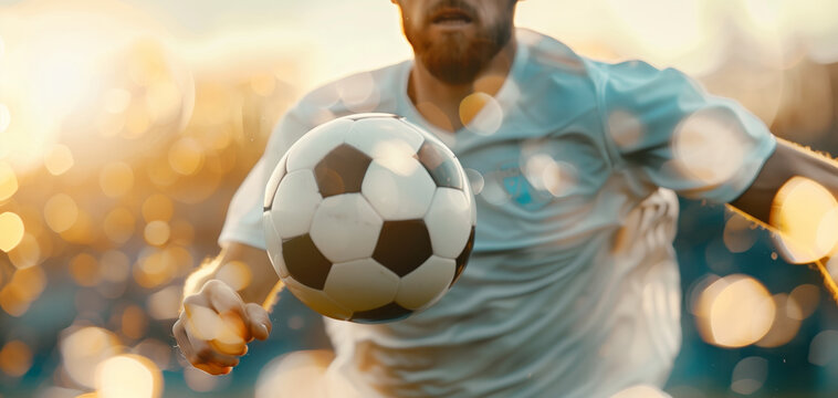Dynamic shot of a soccer player in action with a soccer ball, captured during a professional match at sunset.