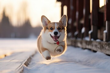 A dog runs across a snowy bridge
