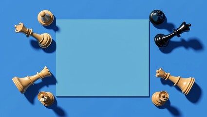 Chess pieces arranged in a circular pattern around a blank blue square on a blue background.