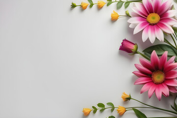 Beautiful floral arrangement lying on white table creating greeting card background