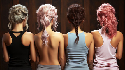 Back view of four young women with hairstyling standing close to each other.