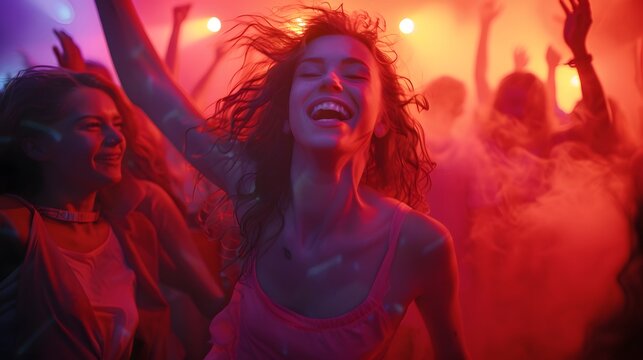 Young Women Dancing in a Vibrant Nightclub with Blurred Background and Festive Atmosphere - Powered by Adobe