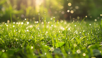 Juicy lush green grass on meadow with drops of water dew in morning light in spring summer outdoors