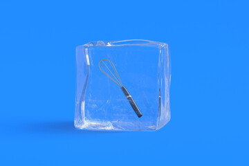 Cooking whisk in ice cube. 3d illustration