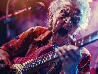 A senior woman strums her guitar on a concert stage, surrounded by spotlights and audience