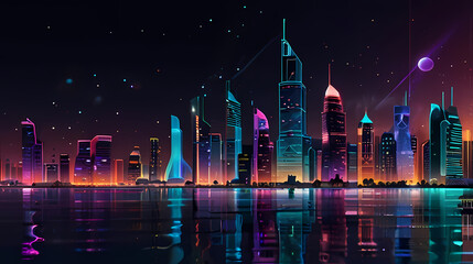 Fototapeta premium Futuristic city skyline at night with a holographic wave flowing through the buildings, casting a colorful glow
