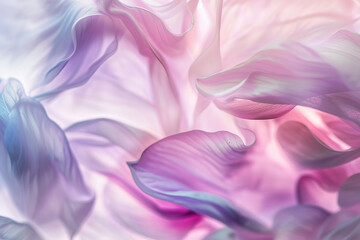 Fototapeta premium beautiful pink and purple flower petals falling, swirling in the wind, soft pastel glowing light, blue background