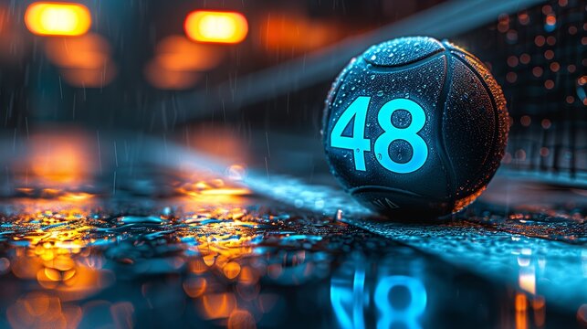 A blue glowing number forty eight on a black ball, sitting on a wet surface with a blurred background