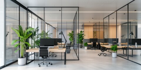 Empty modern office interior with glass walls with white walls, concrete floor, white computer table with chairs. and window with a cityscape. banner design, and copy space.