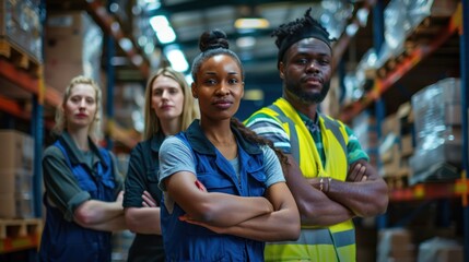 A group of technical and industrial engineers of the factory, both men and women, wore safety helmets and vests as a team, preparing to protect order in the factory.