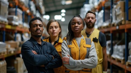 Fototapeta premium A group of technical and industrial engineers of the factory, both men and women, wore safety helmets and vests as a team, preparing to protect order in the factory.