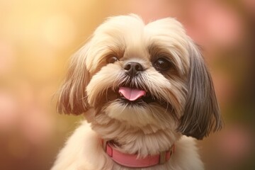 Portrait of a smiling shih tzu while standing against pastel brown background