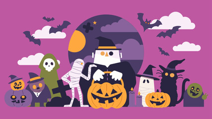 シンプルなハロウィンコンセプトのベクターイラスト。かわいいモンスターの集合。