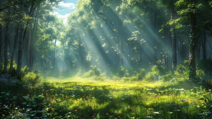 Fototapeta premium A tranquil forest clearing bathed in sunlight, with tall trees casting dappled shadows on the verdant ground.