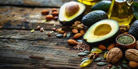 Fresh avocado spread with various nuts and seeds on a wooden table, perfect for snacking or as a healthy snack option