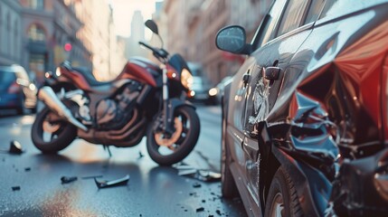 road accident involving a motorcycle and a car on a city street. broken car and motorcycle after a road collision