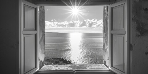 A window with a stunning ocean view, ideal for use in travel or real estate images