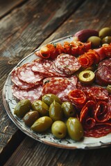 A plate with sliced meat and olives on a wooden table, perfect for a snack or appetizer
