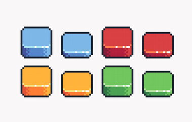 Different buttons pixel art set. Colorful interface on off bar collection. Push panel 8 bit sprite. Game development, mobile app. Isolated vector illustration.