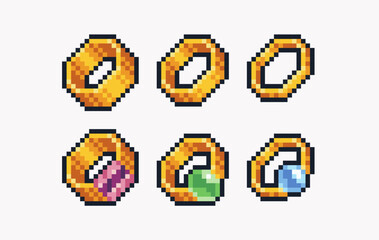 Golden rings pixel art set. Accessories with gems collection. 8 bit metal jewelry. Game development, mobile app. Isolated vector illustration. 