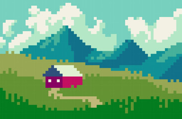 Mountain house landscape pixel art background. 8 bit valley with cottage banner. Summer field and hills scene. Game development, mobile app template. Backdrop vector illustration. 