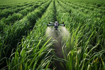 Aerial view of a drone spraying plant growth regulators on a sugarcane plantation, optimizing stalk growth for higher sugar content.