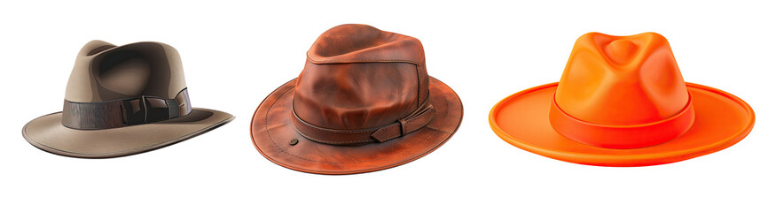 Close-up of three stylish hats in various colors and designs, perfect for fashion, outdoor activities, or as costume accessories.