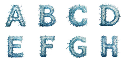 Alphabet Letters Made of Water Splash : Artistic representation of the letters A to H created with water splashes against a black background