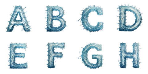 Alphabet Letters Made of Water Splash : Artistic representation of the letters A to H created with water splashes against a black background