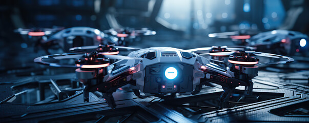 Futuristic Drones Parked In A Modern City Setting