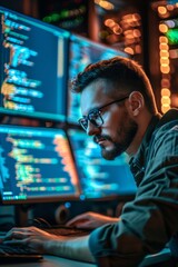 Fototapeta premium Focused Developer: Programming Code Cybersecurity