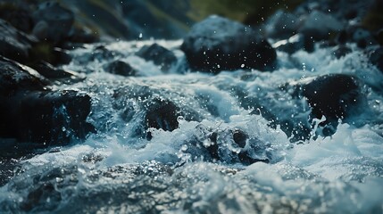 A close-up view of a mountain river, with foamy rapids rushing over polished stones in a secluded wilderness