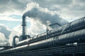 Smoke and steam rising from industrial pipes against a cloudy sky, symbolizing the ongoing challenge of reducing carbon emissions in manufacturing.
