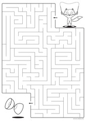 Vector black line printable maze. Format A4. Coloring book educational maze with little baby fox juggling with diabolo. Size portrait.