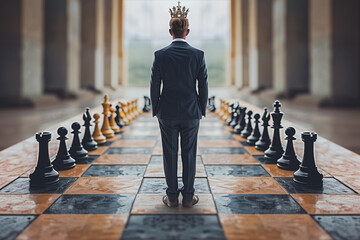 A businessman standing on the chessboard  with crown in his head